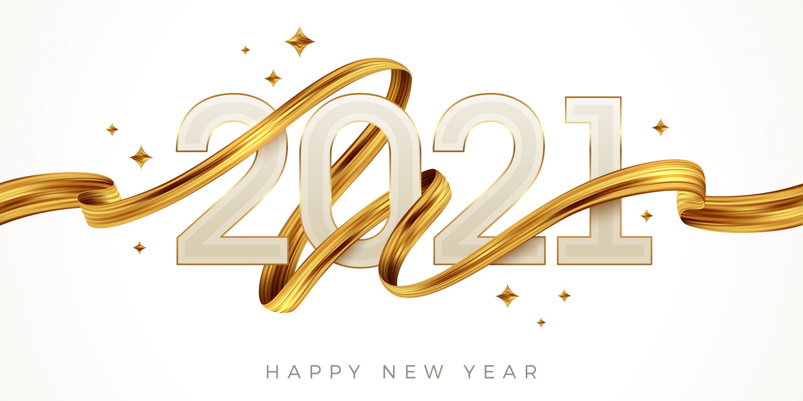 2021 New Year logo with golden paint brushstroke.. New Year sign with golden ribbon. Vector illustration.