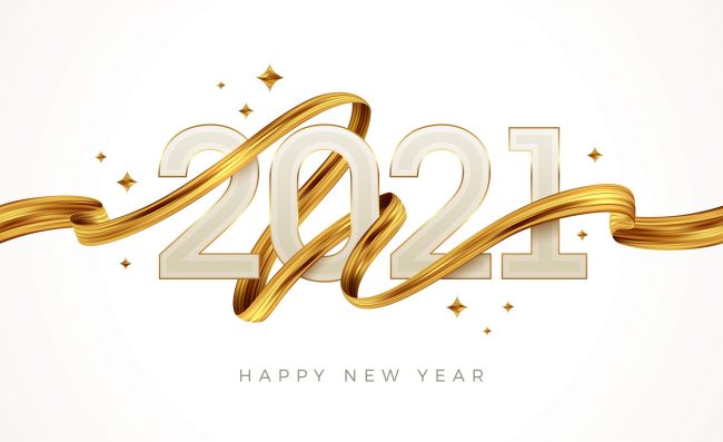 2021 New Year logo with golden paint brushstroke.. New Year sign with golden ribbon. Vector illustration.